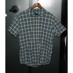 Prana Shirt Mens XL Button Up S/S Plaid Double Pocket, Blue, 100% Cotton